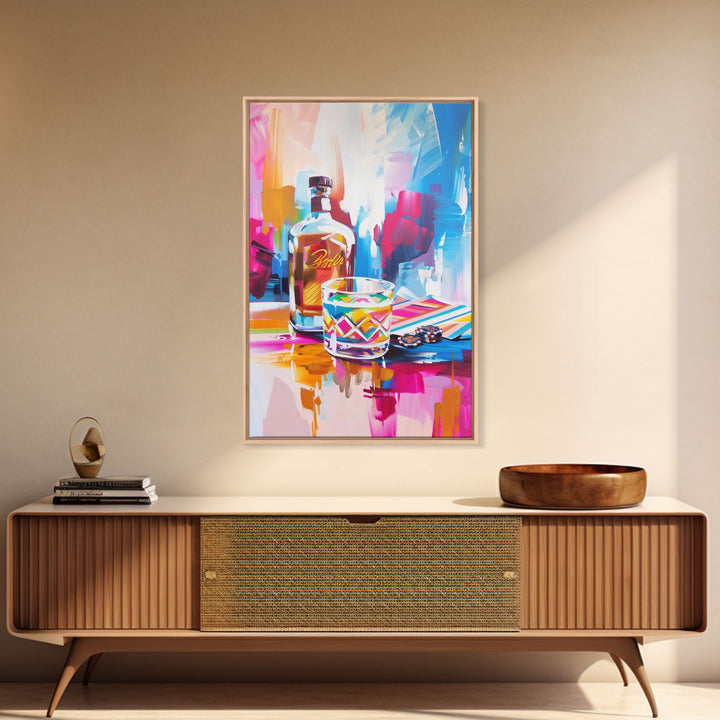 Colorful Whiskey Bottle and Glass Framed Canvas Print - Modern Bar Art, Living Room Decor, Vibrant Wall Art for Home Decoration