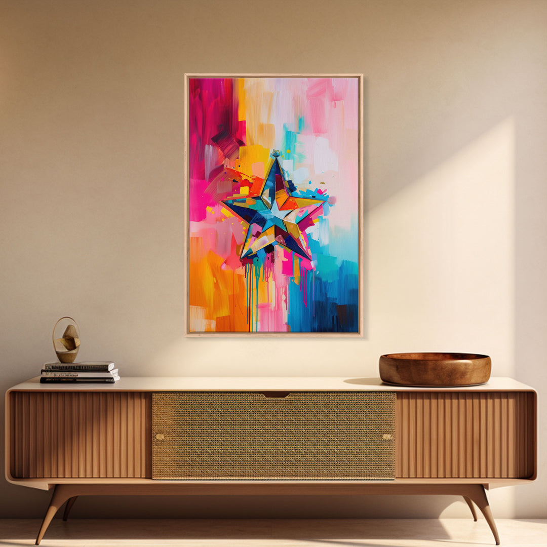 Colorful Abstract Star Wall Art - Framed Canvas Print, Modern Living Room Decor, Vibrant Star Artwork, Bedroom Wall Art