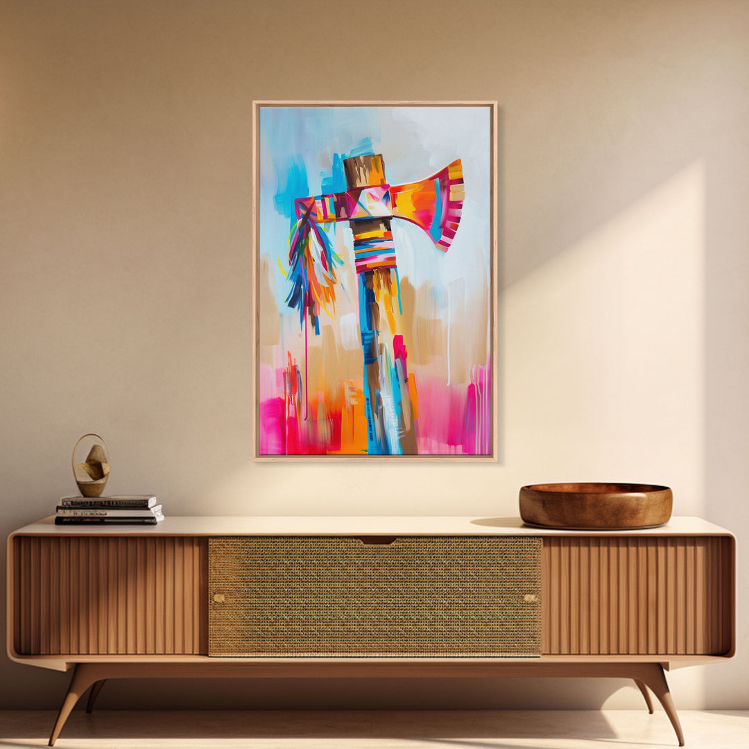 Colorful Feathered Axe Art - Framed Canvas Print, Vibrant Living Room Decor, Unique Wall Art, Modern Home Decor