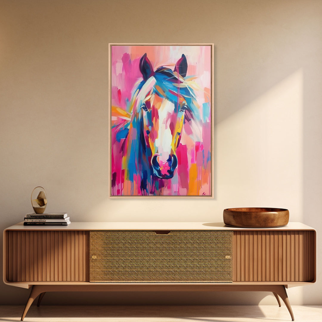 Colorful Horse Portrait Art - Framed Canvas Print, Vibrant Living Room Decor, Unique Wall Art, Bedroom Decor