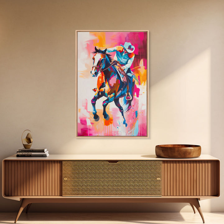 Colorful Cowboy Riding Horse Art - Framed Canvas Print, Vibrant Western Decor, Unique Living Room Wall Art, Home Decor