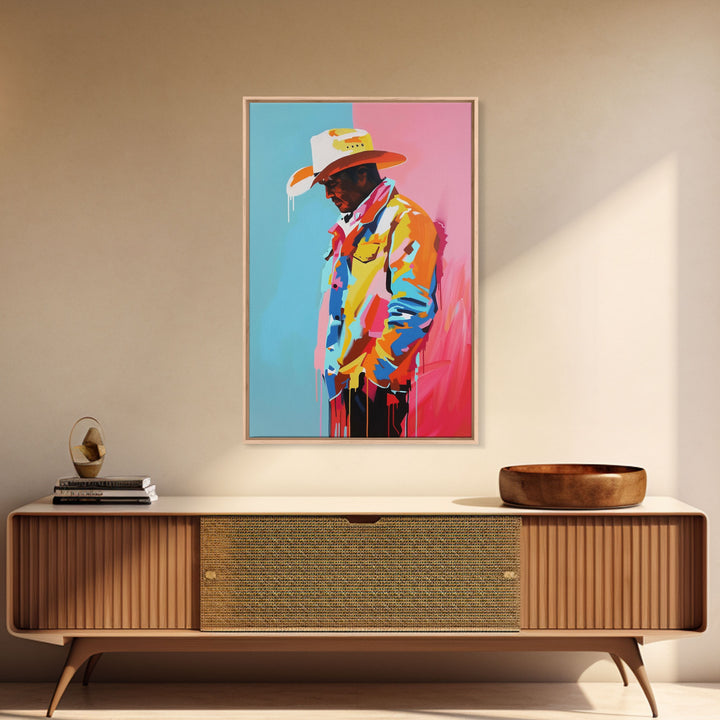Colorful Pensive Cowboy Art - Framed Canvas Print, Vibrant Living Room Decor, Unique Wall Art, Modern Home Decor