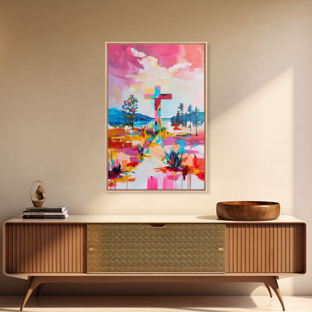 Cross on Vibrant Landscape - Framed Canvas Print, Colorful Western Art, Inspirational Wall Art for Living Room Decor