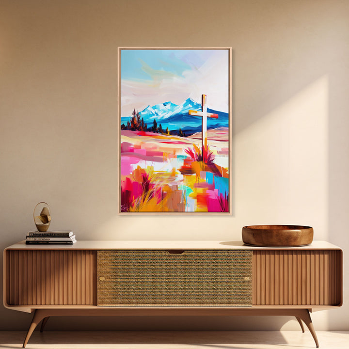 Cross with Mountain Backdrop - Framed Canvas Print, Scenic Western Art, Inspirational Wall Art for Bedroom Decor