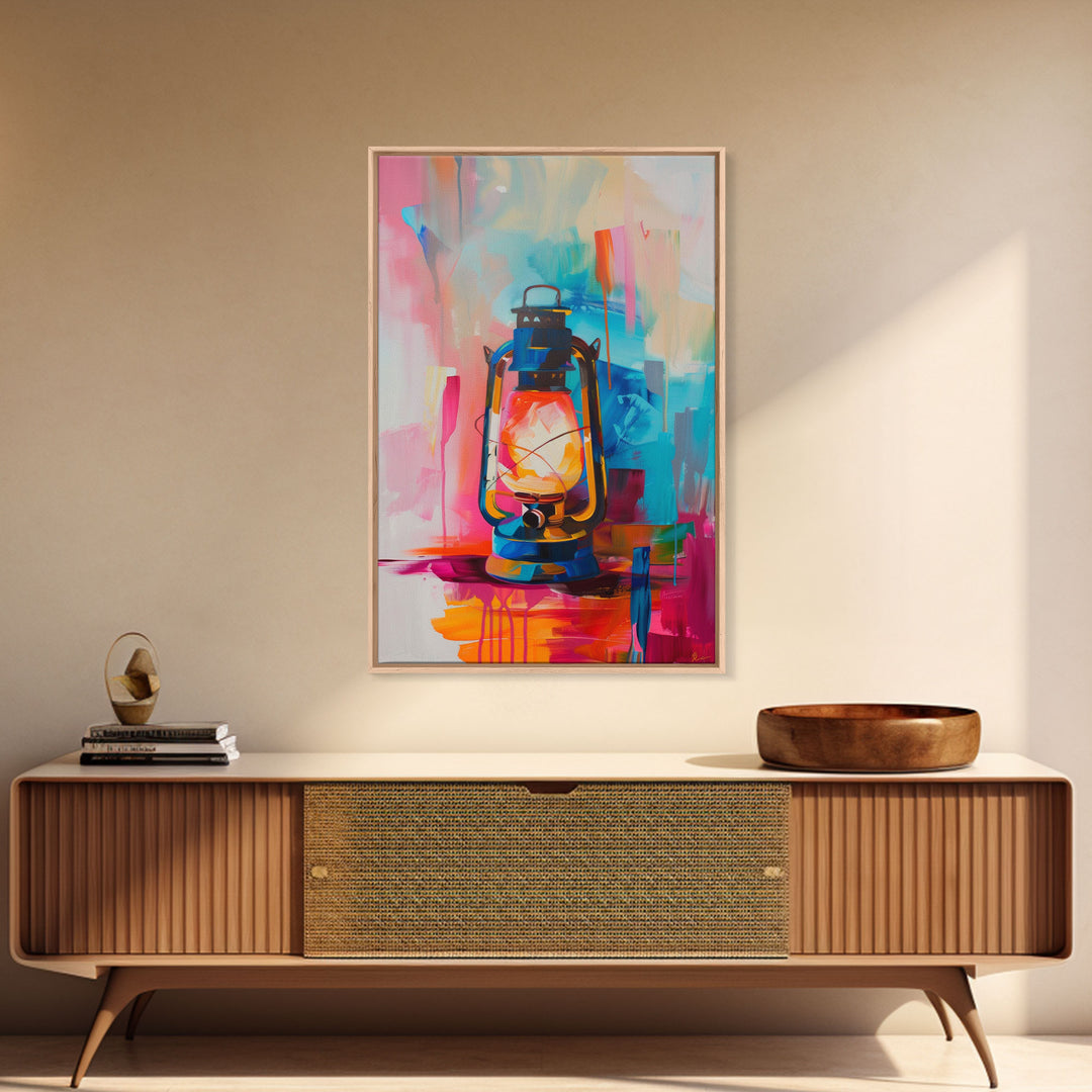Brightly Painted Oil Lamp - Framed Canvas Print, Vibrant Western Art, Rustic Lamp Wall Art for Living Room Decor