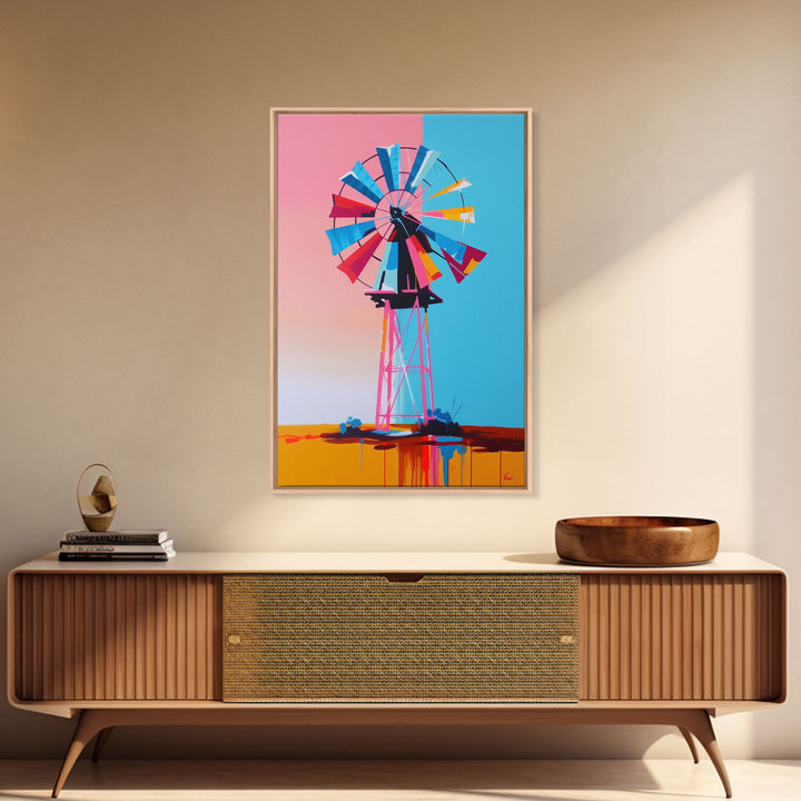 Bright Windmill Abstract Art - Framed Canvas Print, Whimsical Windmill Decor, Colorful Farmhouse Wall Art, Unique Living Room Decor