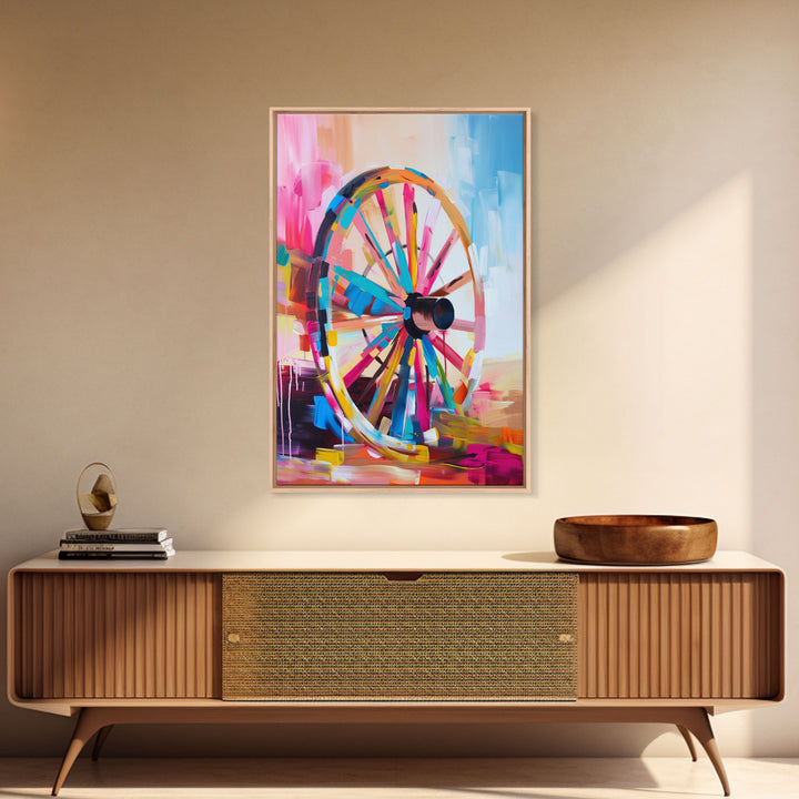 Vintage Wagon Wheel Canvas Art - Framed Canvas Print, Rustic Farmhouse Decor, Colorful Wheel Wall Art, Retro Bedroom Decoration