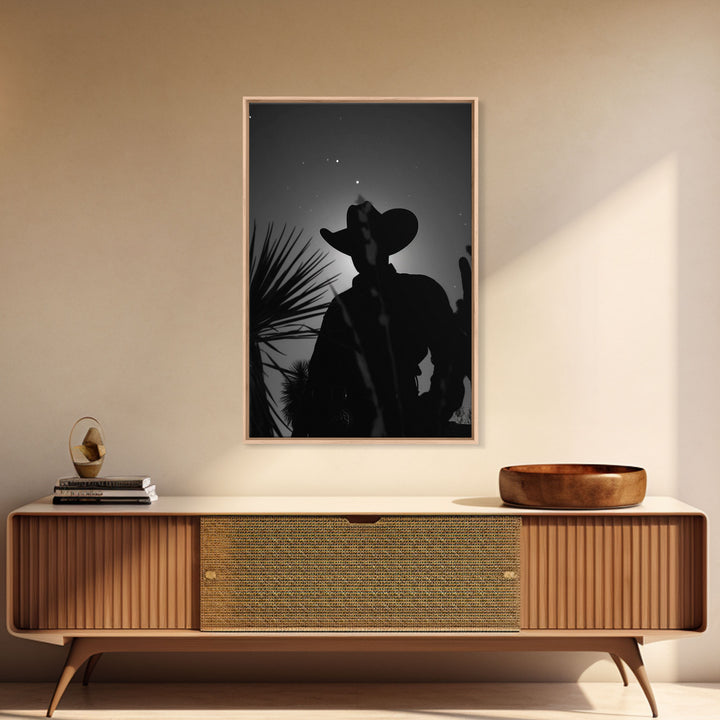 Lone Cowboy Silhouette under the Stars in Black and White for Rustic Wall Art, Canvas Prints, Home Decor, Living Room Art, Bedroom Art