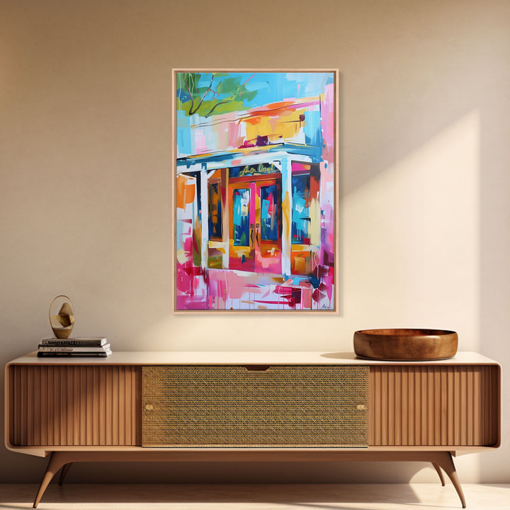 Colorful Abstract Storefront - Framed Canvas Print, Urban Landscape Art, City Vibes Decor for Home or Office