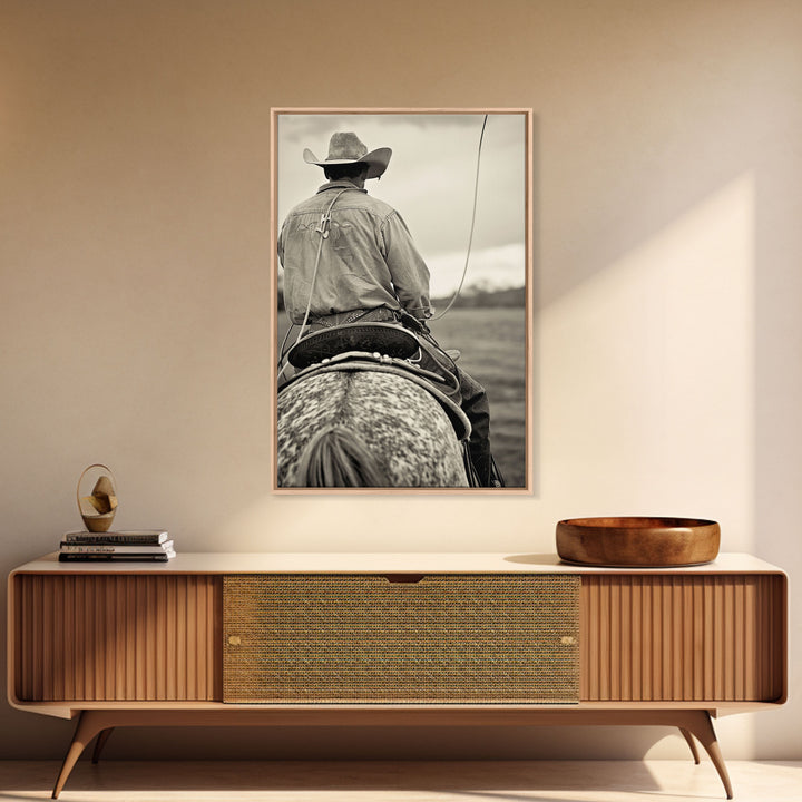 Cowboy on horseback with lasso, vintage black and white Western art, Framed Canvas Print, home decor, rustic wall art for living room