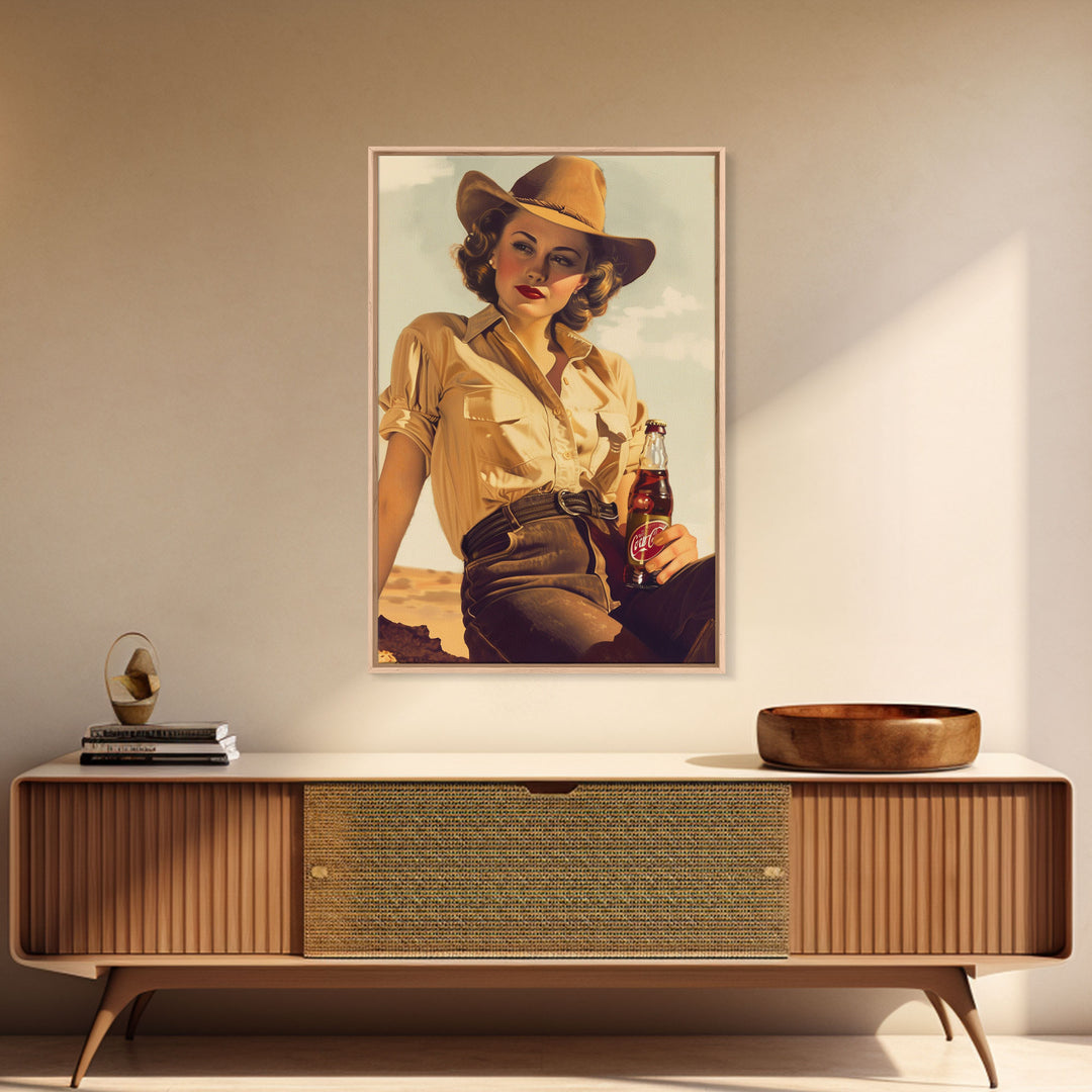 Cowgirl with Beverage Classic Art - Framed Canvas Print, Rustic Bedroom Decor, Cowgirl Wall Art, Vintage Home Decoration