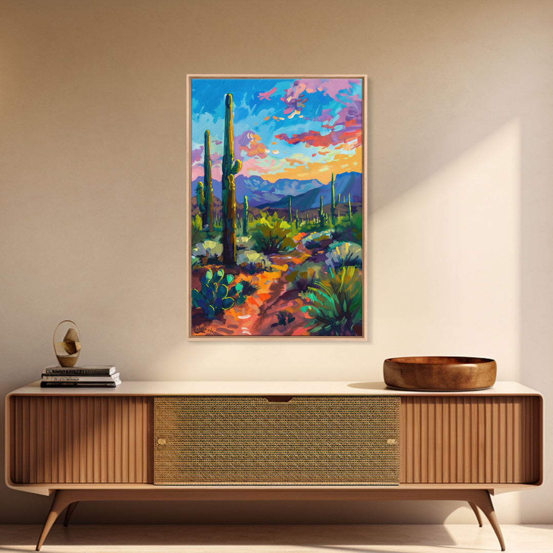 Framed Canvas Print, Cactus and Desert Path Wall Art, Vibrant Southwest Landscape for Living Room or Bedroom, Nature Art Poster Piece