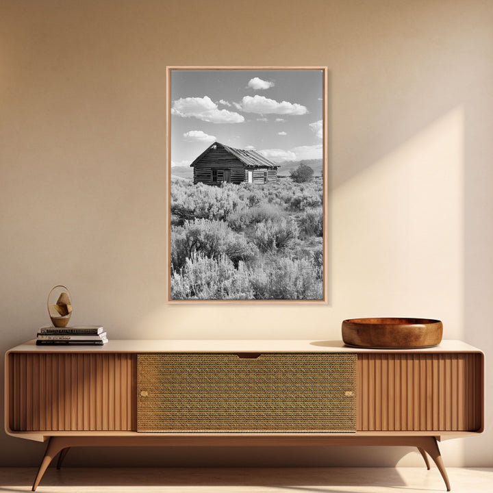 Abandoned Cabin in the Wild Black and White Photography - Framed Canvas Print, Rustic Home Decor, Vintage Landscape Wall Art
