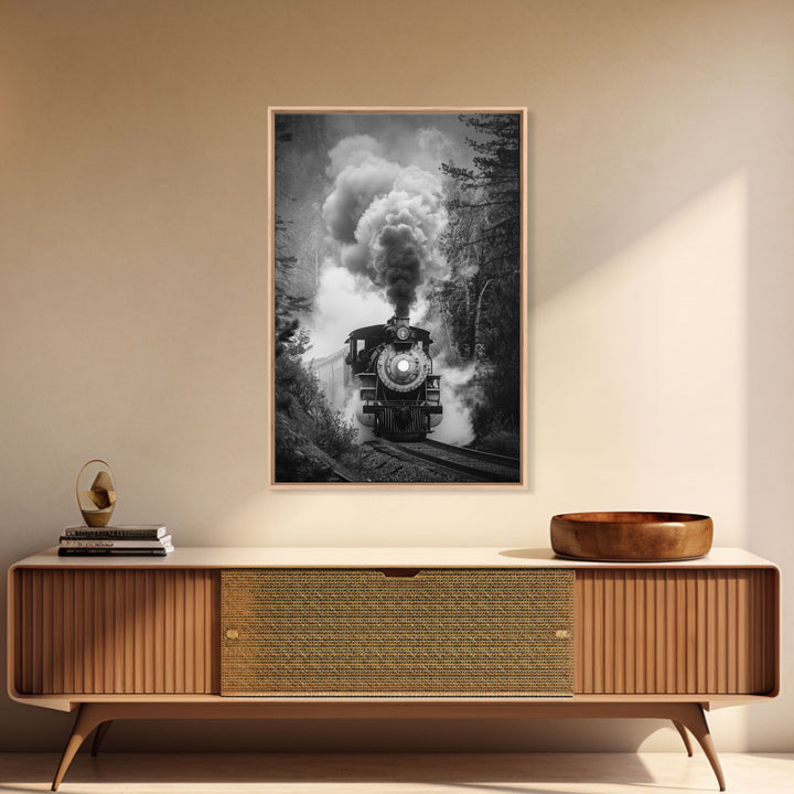 Steam Locomotive in the Forest Black and White Photography - Framed Canvas Print, Railroad Art, Vintage Train Wall Art for Home