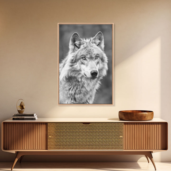 Wolf Portrait in Black and White Photography - Framed Canvas Print, Wildlife Photography, Rustic Wolf Art for Home Wall Decor