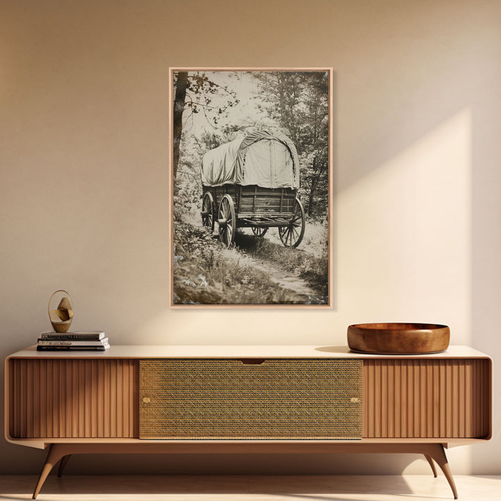 Pioneer Wagon in the Woods - Antique Canvas Print, Rustic Western Wall Art, Vintage Wagon Decor, Historical Art for Living Room