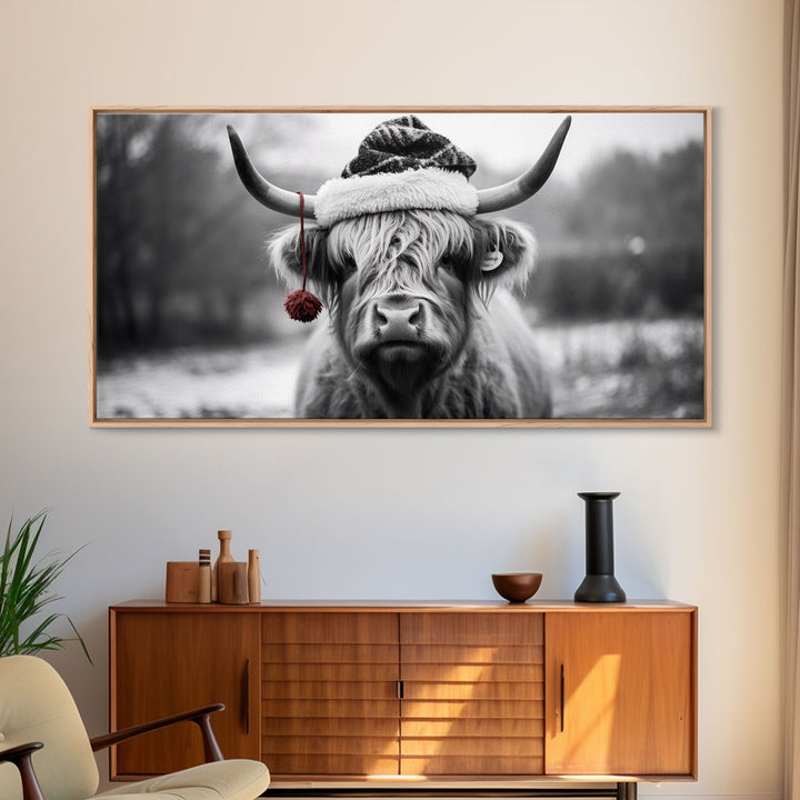 Highland Cow Wearing Santa Hat, Festive and Fun Framed Canvas Print for Holiday Wall Art, Living Room or Bedroom Decor