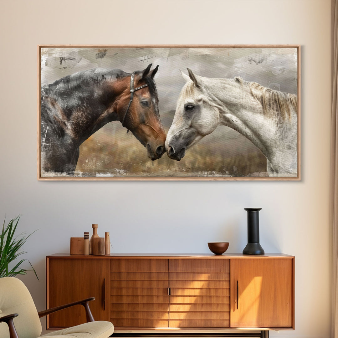 Black and White Horses, Framed Canvas Print for Elegant Living Room Decor, Equine Art for Home and Bedroom Decoration