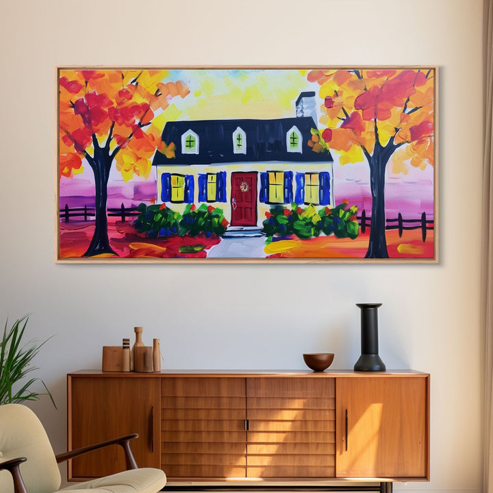 Cozy Cottage in Autumn, Framed Canvas Print, Ideal for Living Room Art, Rustic Home Decor, Charming Bedroom Wall Art