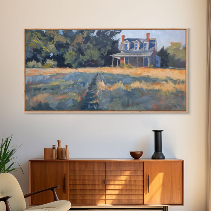 Serene Farmhouse at Dusk, Framed Canvas Print, Great for Living Room Art, Country Home Decor, Relaxing Bedroom Wall Art