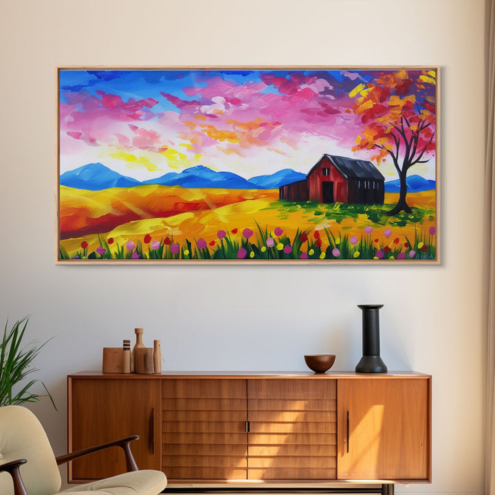 Bright Barn in Floral Field, Framed Canvas Print, Perfect for Living Room Art, Vibrant Home Decor, Colorful Bedroom Wall Art