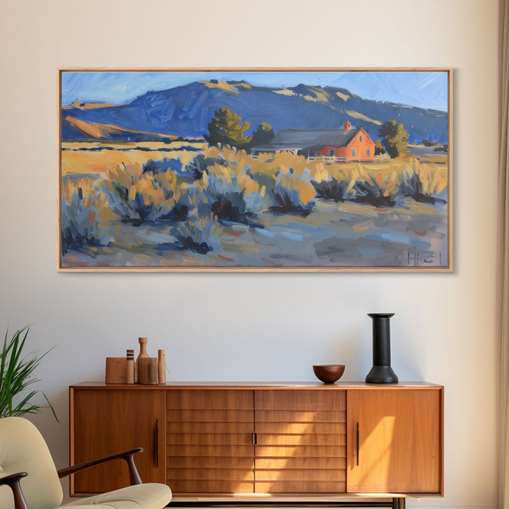 Rustic Cabin in Open Field, Framed Canvas Print, Ideal for Living Room Art, Country Style Home Decor, Cozy Bedroom Wall Art