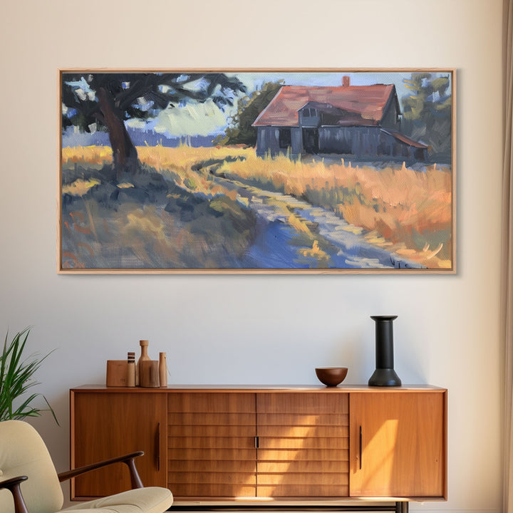 Quaint House on Country Road, Framed Canvas Print, Perfect for Living Room Art, Rustic Home Decor, Serene Bedroom Wall Art