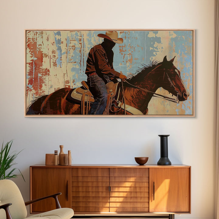 Cowboy Riding Horse in Abstract Style, Perfect Bedroom Art, Framed Canvas Print, Rustic Living Room Decor, Modern Home Decoration