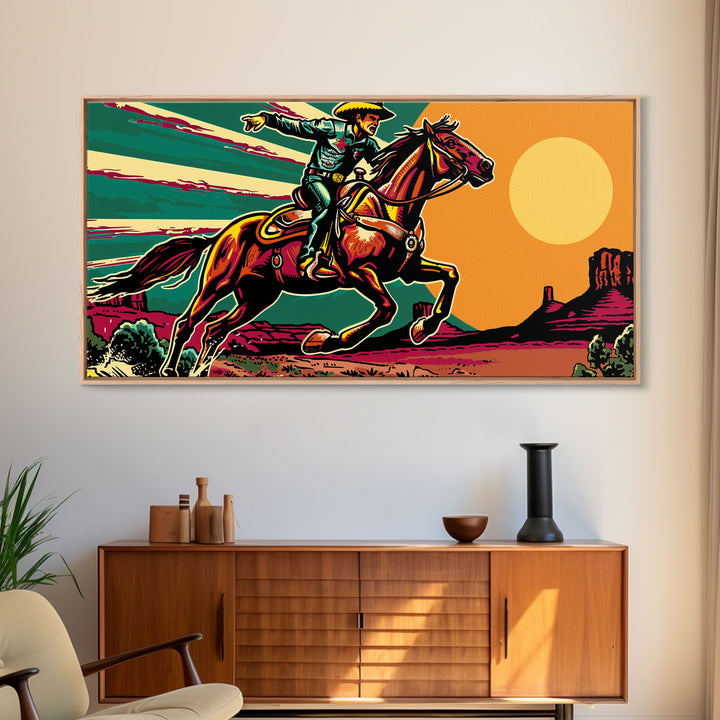 Vintage Cowboy Riding Horse, Western Sunset Wall Art, Framed Canvas Print, Rustic Decor, Cowboy Art, Country Living Room