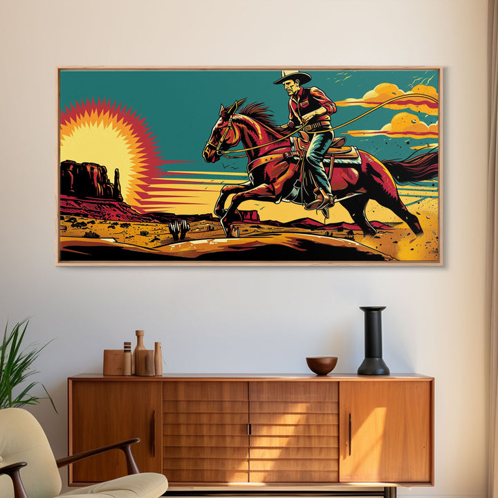 Cowboy Riding Through Desert, Southwestern Landscape Art, Framed Canvas Print, Boho Decor, Desert Art, Rustic Wall Art