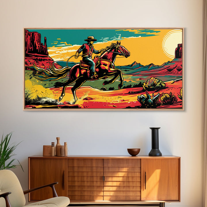 Cowboy Galloping in Desert, Vibrant Sunset Western Art, Framed Canvas Print, Farmhouse Decor, Colorful Wall Art, Cowboy Theme