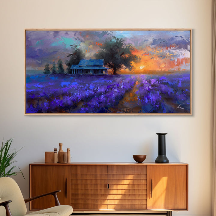 Lavender Field at Dusk, Moody Landscape Art, Framed Canvas Print, Boho Decor, Lavender Art, Rustic Bedroom Decor