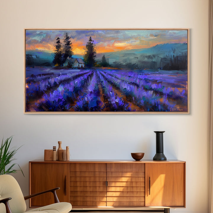 Lavender Field with Cottage, Warm Sunset Colors, Framed Canvas Print, Rustic Decor, Country Wall Art, Farmhouse Vibes