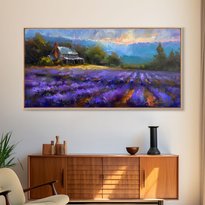 Lavender Field at Twilight, Dreamy Landscape Art, Framed Canvas Print, Boho Bedroom Decor, Purple Art, Rustic Wall Art