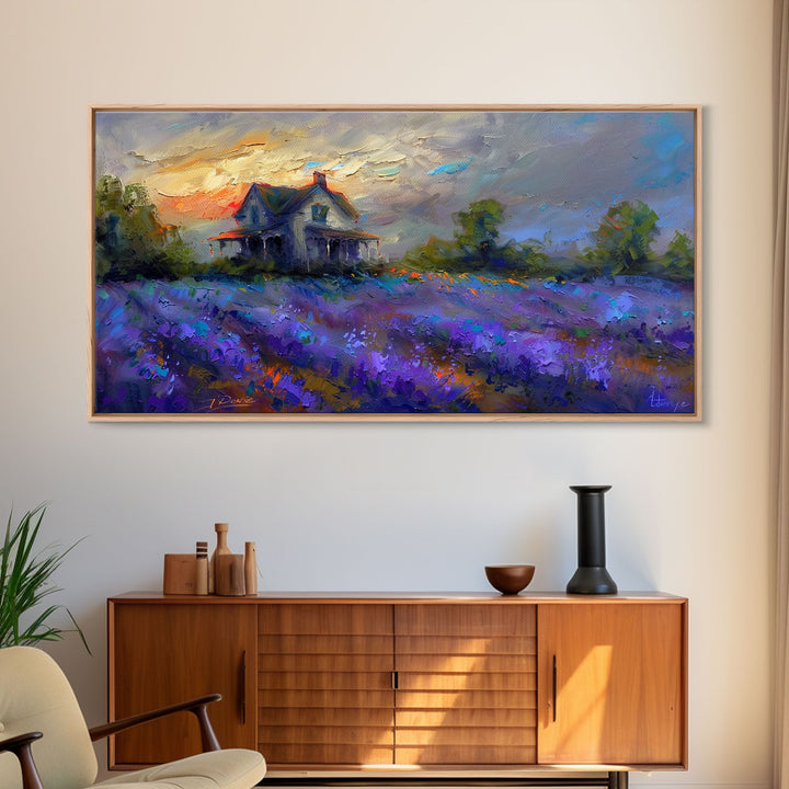 Country Cottage in Lavender Field, Impressionist Style, Framed Canvas Print, Farmhouse Decor, Cozy Art, Rustic Living Room