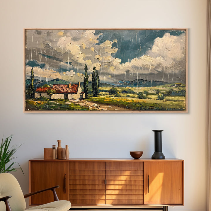 Rainy Day Over Cottage, Textured Landscape Art, Framed Canvas Print, Boho Decor, Farmhouse Style, Moody Wall Art