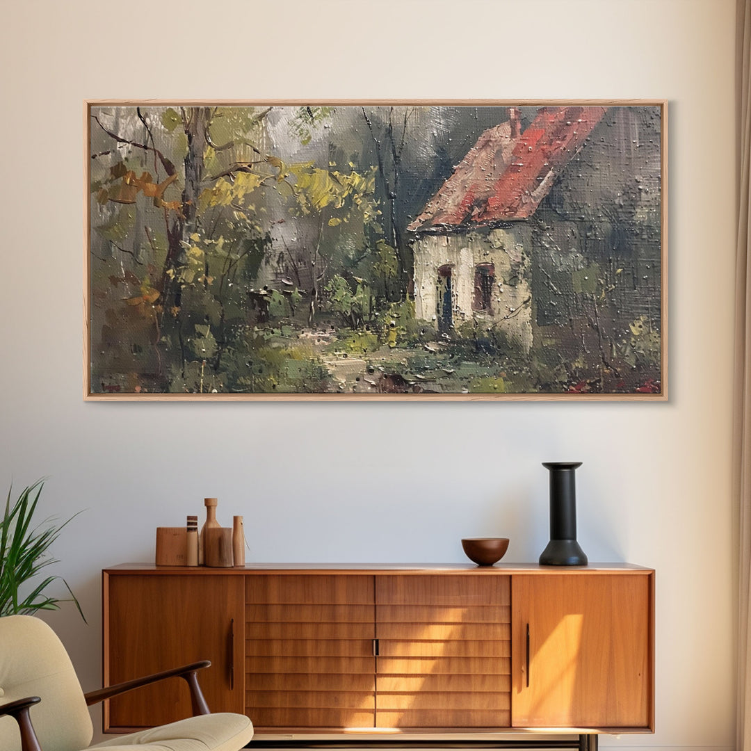 Rustic Cottage in Autumn Forest, Framed Canvas Print, Farmhouse Style, Living Room Art, Bedroom Decor, Nature Wall Art