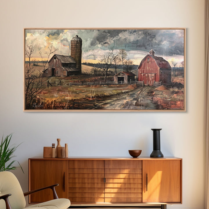 Vintage Farm Scene with Silos, Framed Canvas Print, Rustic Wall Art, Living Room Decor, Farmhouse Style, Country Home Art
