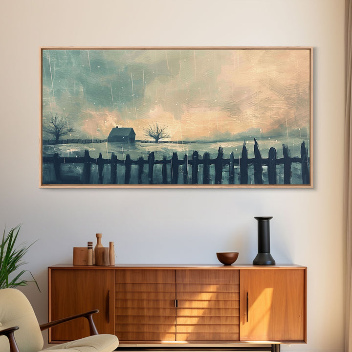 Winter Farmhouse in Snowy Landscape, Framed Canvas Print, Minimalist Wall Art, Living Room Art, Bedroom Decor, Winter Scene