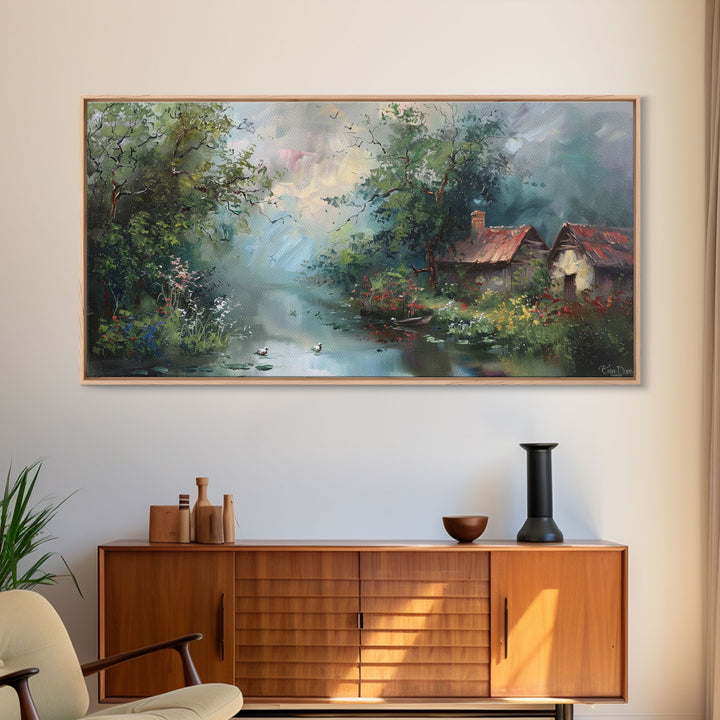Serene River Cottage with Flowers, Framed Canvas Print, Farmhouse Style, Living Room Decor, Bedroom Art, Nature Scene