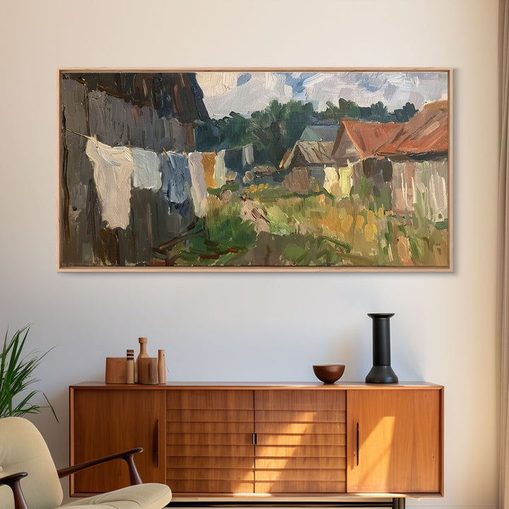 Rustic Farmyard with Laundry, Framed Canvas Print, Farmhouse Wall Art, Living Room Decor, Country Style, Outdoor Scene