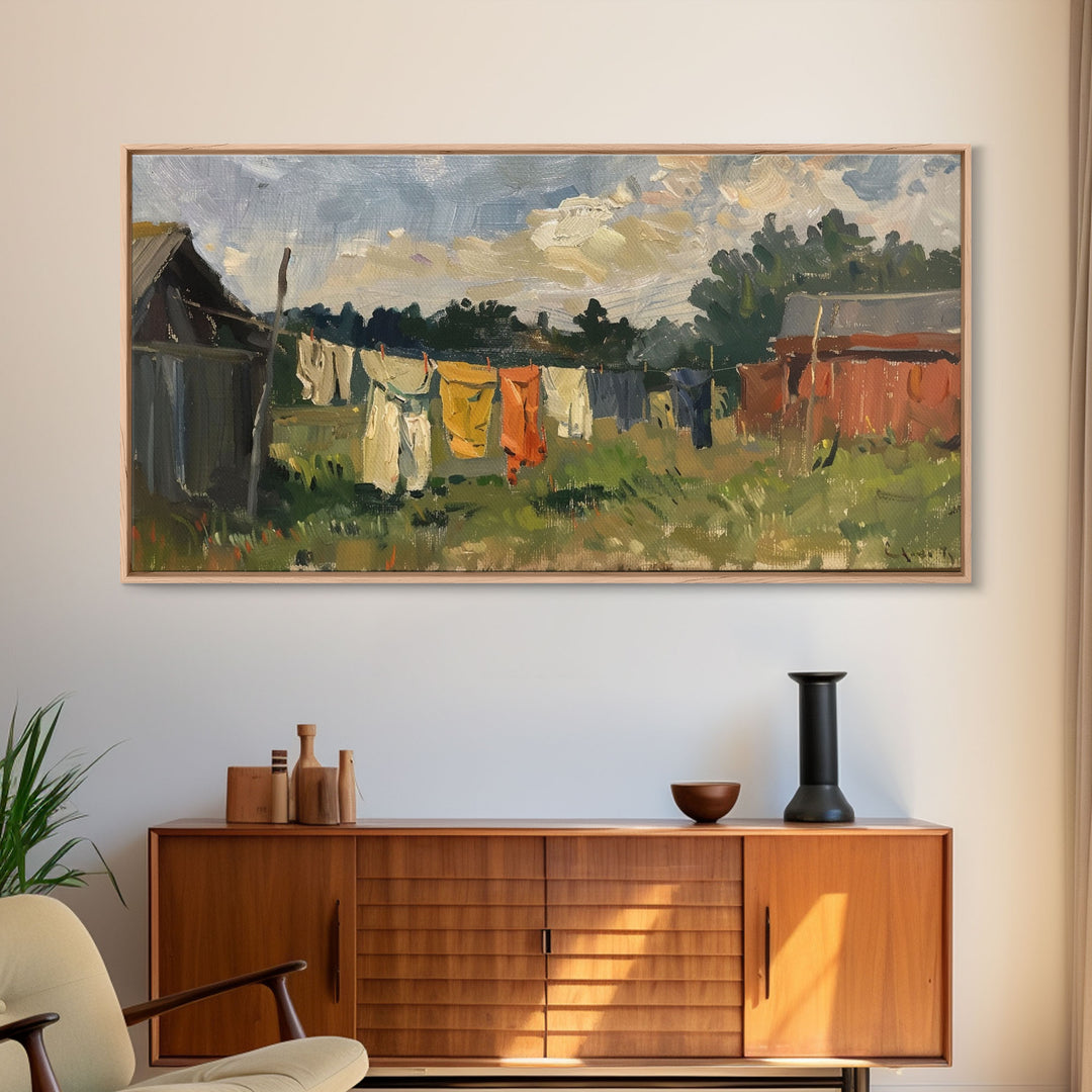 Sunny Day on the Farm with Clothesline, Framed Canvas Print, Rustic Wall Art, Living Room Decor, Farmhouse Style, Country Scene