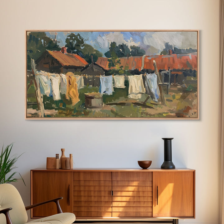 Rustic Homestead with Clothesline, Framed Canvas Print, Farmhouse Style, Living Room Art, Country Decor, Vintage Scene