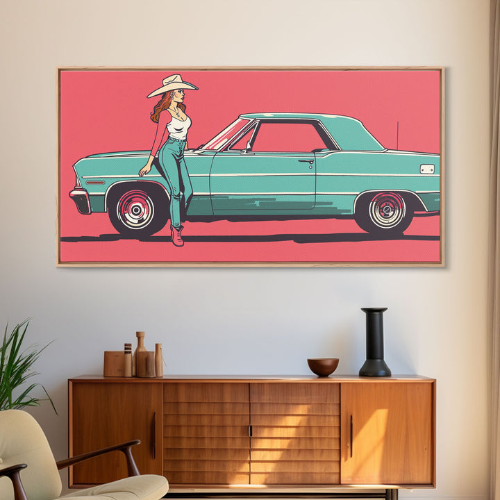 Cowgirl Leaning Against Classic Car in Pop Art Style, Vibrant Framed Canvas Print for Bedroom, Perfect Living Room Wall Art