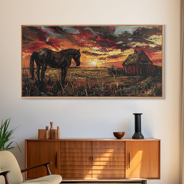 Dark Horse at Sunset with Barn, Stunning Abstract Art, Framed Canvas Print, Boho Wall Art, Bedroom Decor, Unique Home Decoration