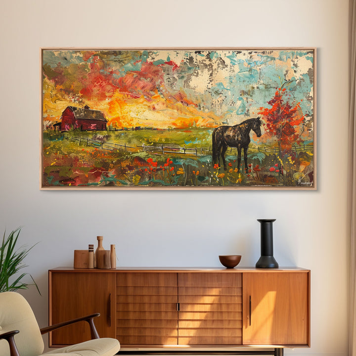 Horse and Red Barn in Colorful Field, Beautiful Farmhouse Art, Framed Canvas Print, Rustic Living Room Decor, Vibrant Wall Art