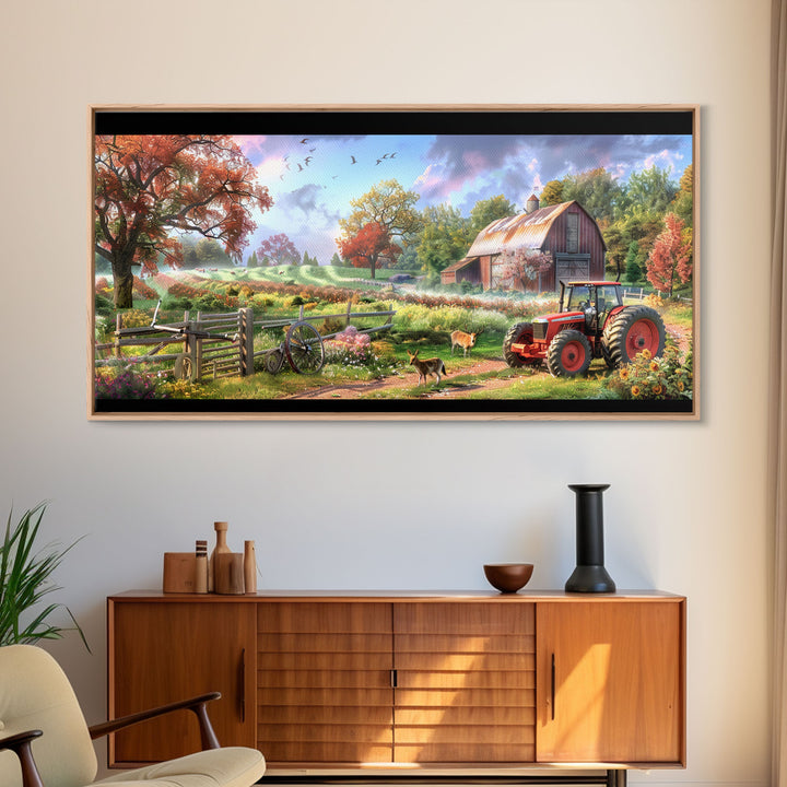 Tranquil Farm Scene with Red Barn and Tractor, Idyllic Rural Art, Framed Canvas Print, Country Wall Decor, Living Room Decoration