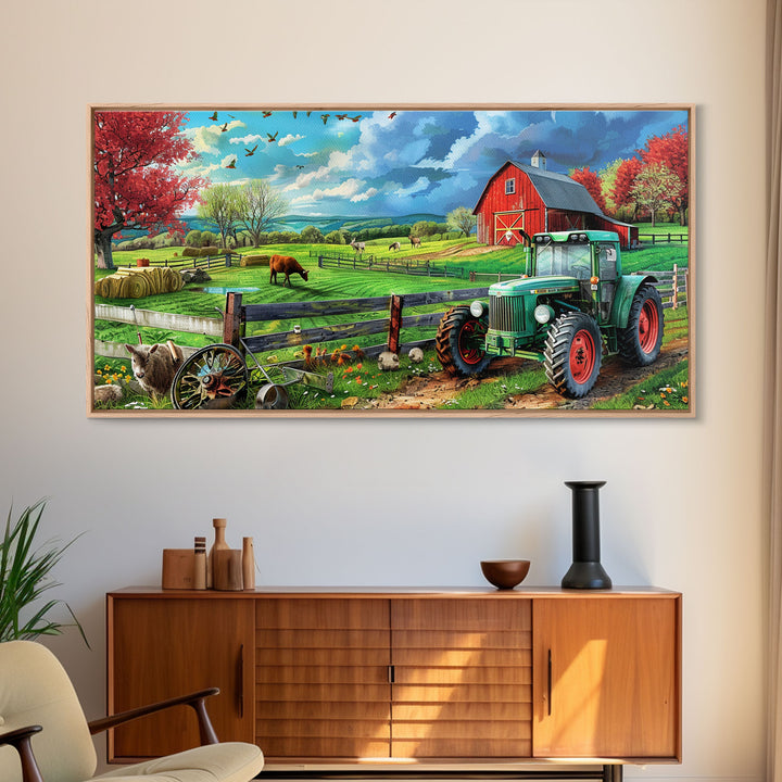 Green Tractor and Red Barn in Lush Fields, Perfect Farmhouse Art, Framed Canvas Print, Rural Wall Decor, Living Room Decoration