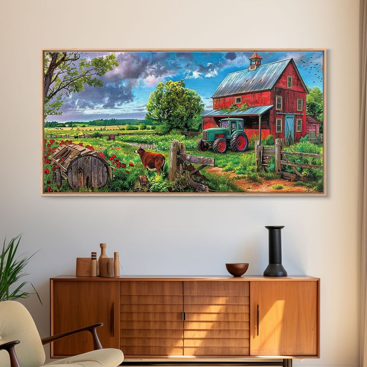 Rustic Barn with Green Tractor in Field, Stunning Country Art, Framed Canvas Print, Farmhouse Wall Decor, Living Room Decoration