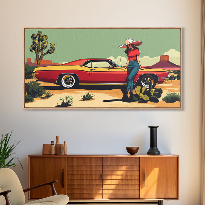 Retro Cowgirl with Red Car in Desert Landscape, Framed Canvas Print for Stylish Living Room Decor, Ideal Bedroom Wall Art